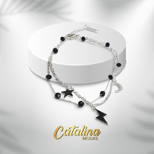 [APUDI312P] Pulsera doble con dijes. Acero blanco