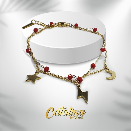 Pulsera doble con dijes. Acero dorado